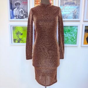 🤎 Metallic Bronze Black Mock Neck Bodycon Midi Dress